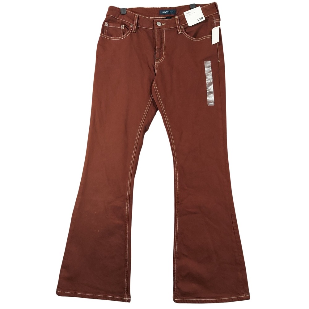 Aeropostale Flare Jeans Women 10R Brown Low Rise Stretch Contrast Stitch 9760